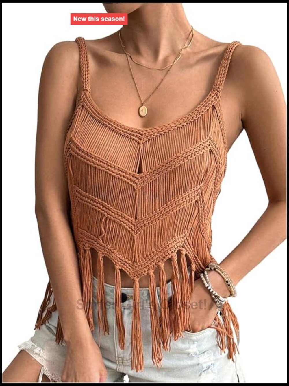 Tassel Trim Sleeveless Crochet Fringe Top V Neck Boho Tank